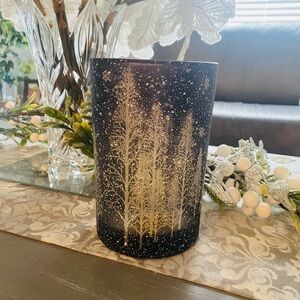 New! Elegant Navy and White Winter Tree Design Hurricane Candle Holder